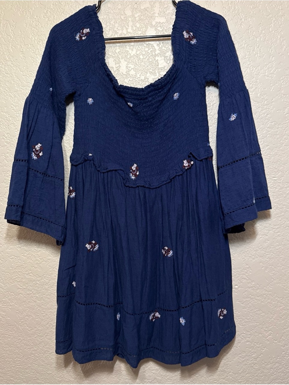 Free People Navy Blue Embroidered Smocked Babydoll Dress